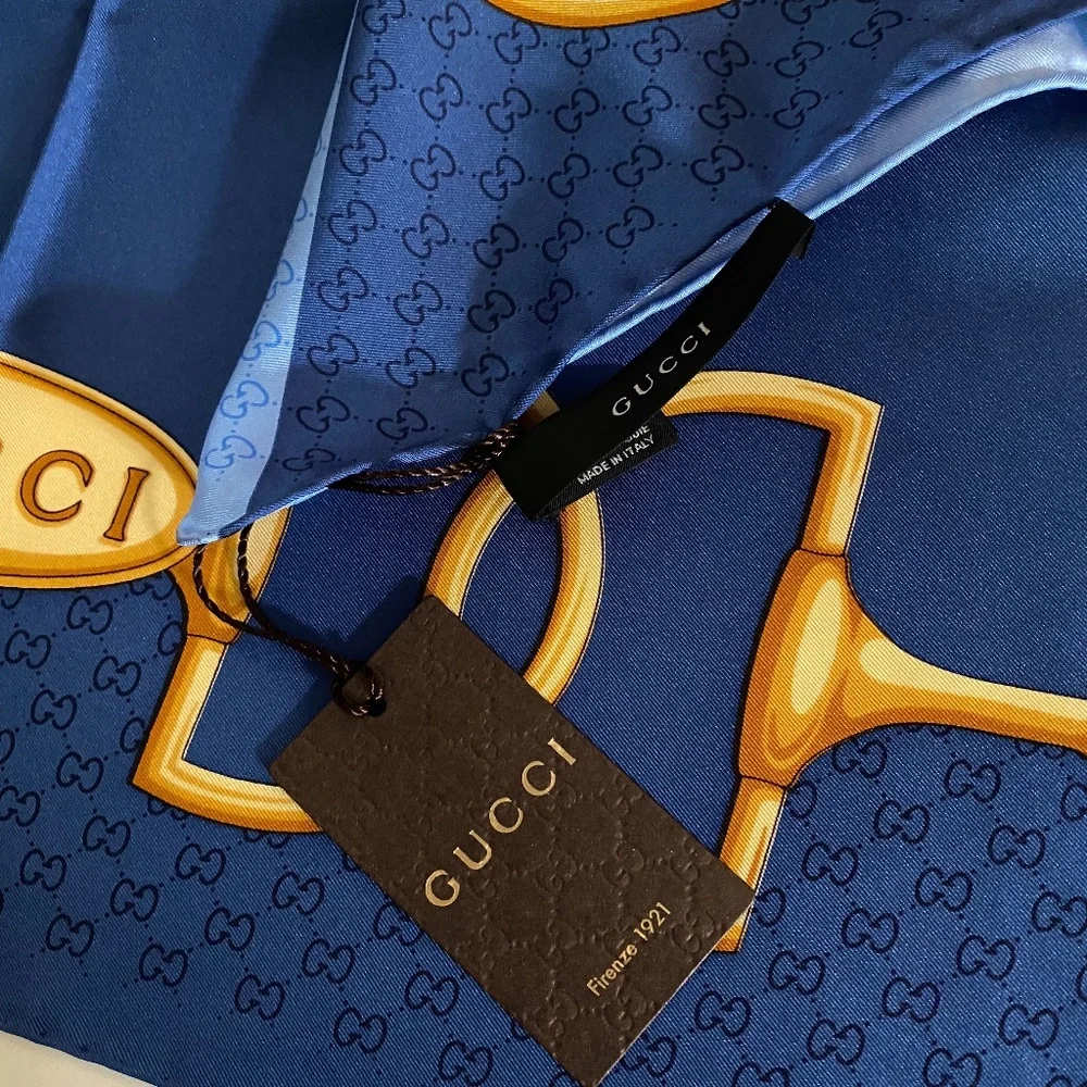 New Gucci Double Blue Silk Scarf